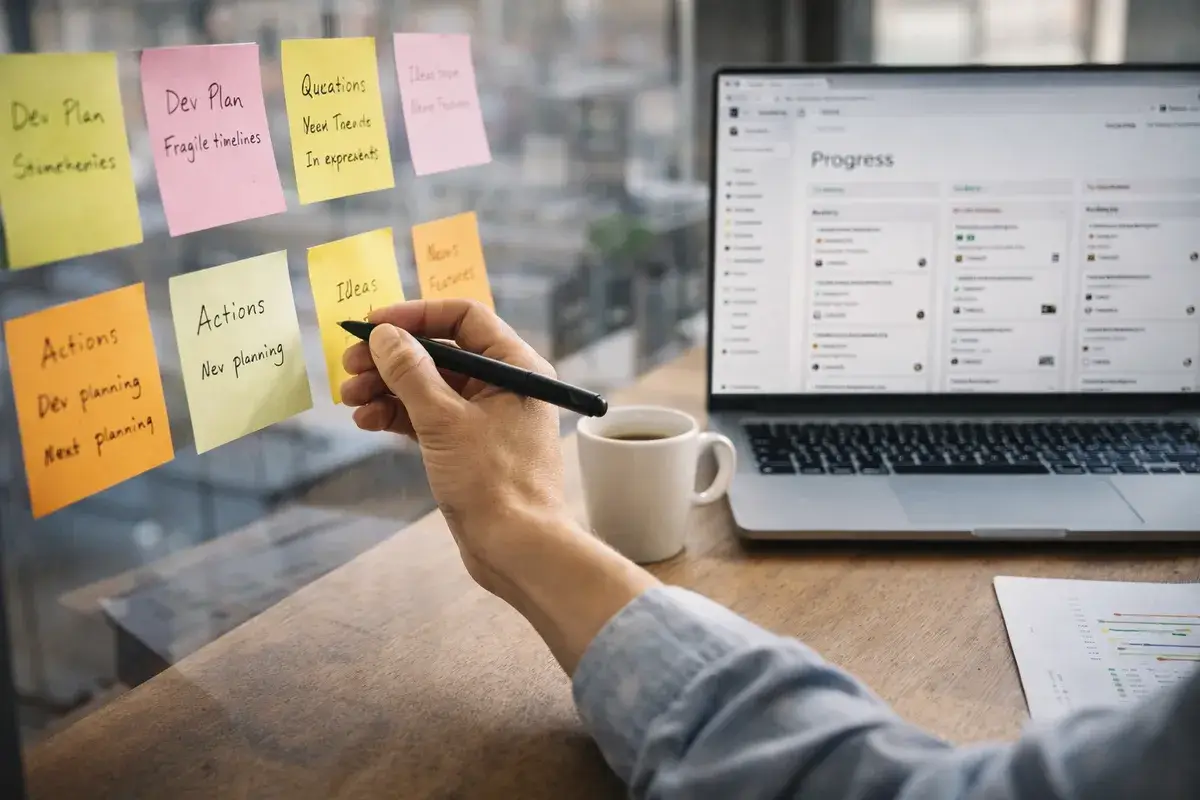 Strategic planning session with sticky notes and project tracking