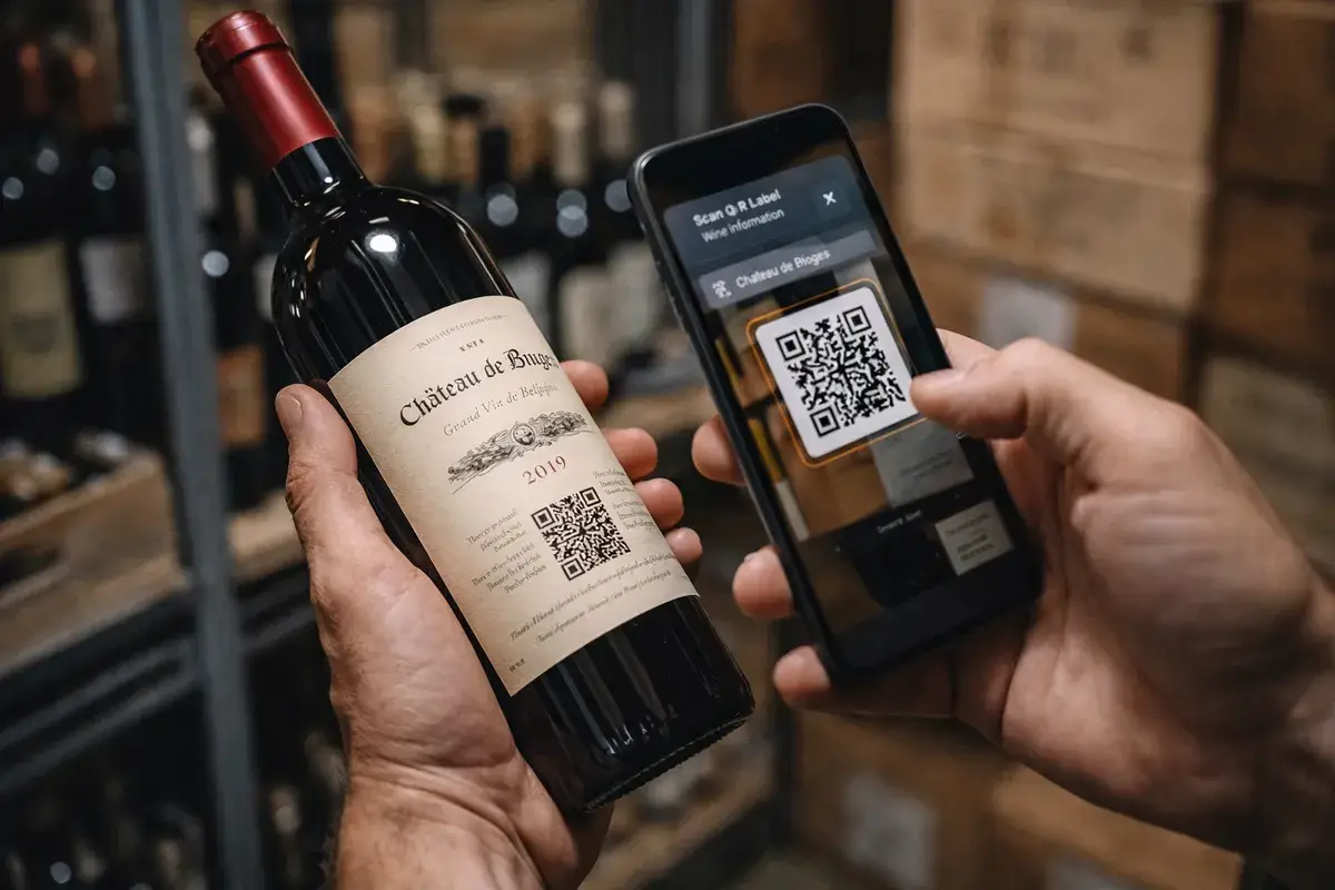 Scanning a QR code on a wine bottle label with a smartphone